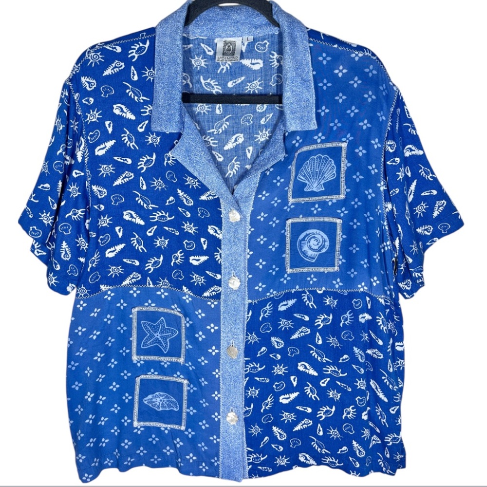 Usindo Short Sleeve Rayon Seashell Button Up Top Blouse Size Large Beach Coastal